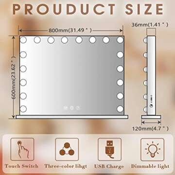 COOLJEEN 31.5x23.6-inch Large Hollywood Beauty Makeup Mirror with 18 LED Bulbs 3 Colors Lighting Mod...