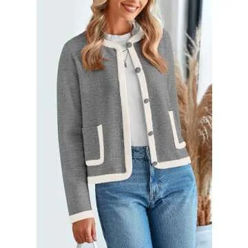 PRETTYGARDEN Women's Winter Trendy Button Down Open Front Cardigan Sweaters Knit Color Block Jackets Fall Fashion Clothes (Grey,XX-Large)