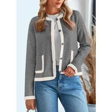 PRETTYGARDEN Women's Winter Trendy Button Down Open Front Cardigan Sweaters Knit Color Block Jackets Fall Fashion Clothes (Grey,XX-Large)