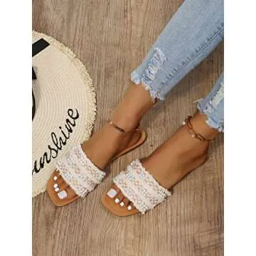 GORGLITTER Women's Summer Beach Sandals Color Block Faux Pearls Decor Leather Flat Sandals