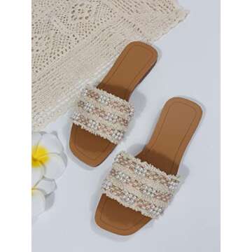 GORGLITTER Women's Summer Beach Sandals Color Block Faux Pearls Decor Leather Flat Sandals