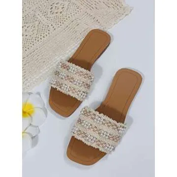 GORGLITTER Women's Summer Beach Sandals Color Block Faux Pearls Decor Leather Flat Sandals
