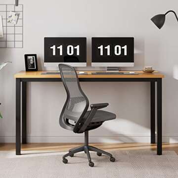 Need 55 Inch Large Computer Desk - Modern Simple Style Home Office Gaming Desk, Basic Writing Table for Study Student, Black Metal Frame, Teak