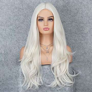 K'ryssma Platinum Blonde Glueless Synthetic Hair Wigs for Halloween Long Natural Wavy Full Wig For W...