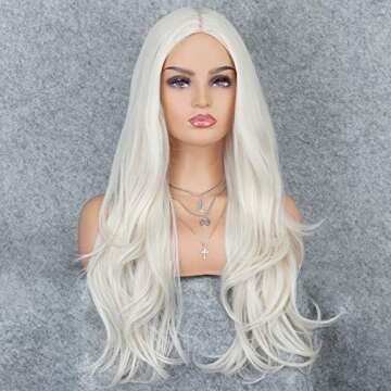 K'ryssma Platinum Blonde Glueless Synthetic Hair Wigs for Halloween Long Natural Wavy Full Wig For Women Heat Friendly 22 inches