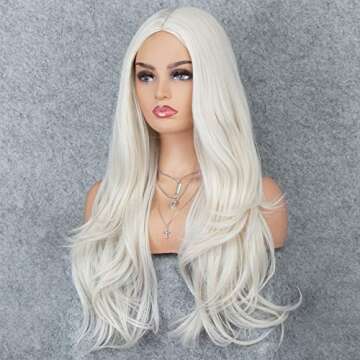 K'ryssma Platinum Blonde Glueless Synthetic Hair Wigs for Halloween Long Natural Wavy Full Wig For Women Heat Friendly 22 inches