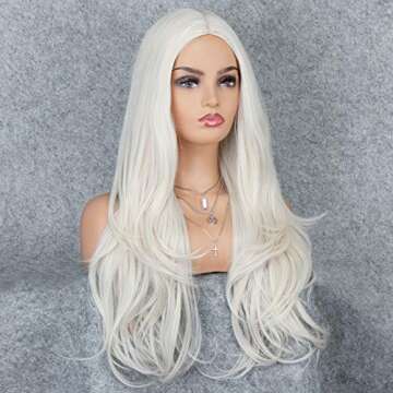 K'ryssma Platinum Blonde Glueless Synthetic Hair Wigs for Halloween Long Natural Wavy Full Wig For Women Heat Friendly 22 inches