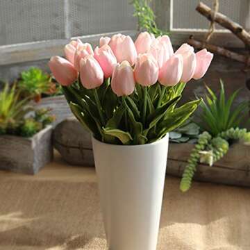 AMZALI Artificial Flowers Real Touch Mini PU Tulips Bouquet Fake Tulips Flowers Arrangement Artificial Plants for Wedding Centerpiece Room Home Hotel Party Event Christmas Decor Pink Set of 10