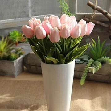 AMZALI Artificial Flowers Real Touch Mini PU Tulips Bouquet Fake Tulips Flowers Arrangement Artificial Plants for Wedding Centerpiece Room Home Hotel Party Event Christmas Decor Pink Set of 10