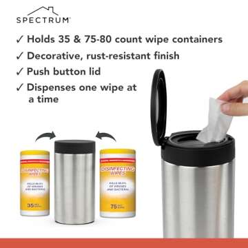 Spectrum Disinfecting Wipes Container with Push Button Lid - Refillable Dispenser for Bathroom, Kitchen, Classroom, Countertop, & Home - Stainless Steel & Rust-Resistant Disinfectant Wipes Holder