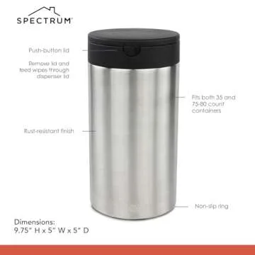 Spectrum Disinfecting Wipes Container with Push Button Lid - Refillable Dispenser for Bathroom, Kitchen, Classroom, Countertop, & Home - Stainless Steel & Rust-Resistant Disinfectant Wipes Holder