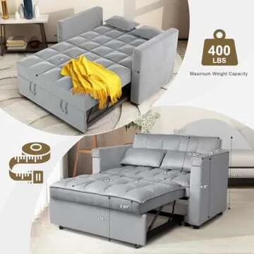 Convertible Sofa Bed, 3-in-1 Multi-Functional Velvet Sleeper Couch Pull-Out Bed, 48'' Loveseat Chaise Lounge with Adjustable Backrest and Pillows, Hidden Side Table for Living Room, Small Space