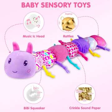 KaeoHye Baby Toy 0-12 Months,Baby Infant Musical Stuffed Animal Soft Toy with Multi-Sensory Crinkle, Rattle & Textures,Baby Girl Toy Birthday Gift,Caterpillar,Purple