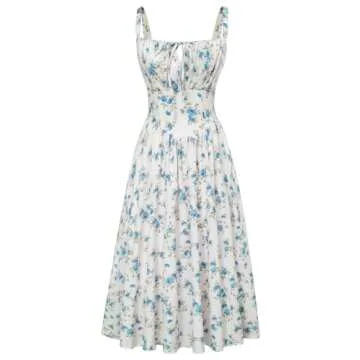 Floral Corset Dress for Women Ruched Bust Flowy Summer Victorian Dresses Blue S