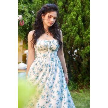 Floral Corset Dress for Women Ruched Bust Flowy Summer Victorian Dresses Blue S