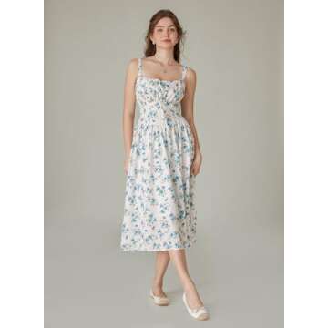 Floral Corset Dress for Women Ruched Bust Flowy Summer Victorian Dresses Blue S