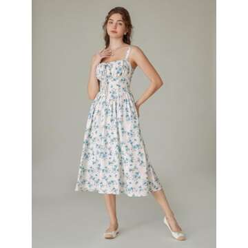 Floral Corset Dress for Women Ruched Bust Flowy Summer Victorian Dresses Blue S