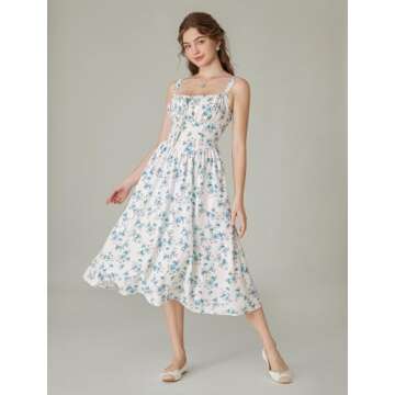 Floral Corset Dress for Women Ruched Bust Flowy Summer Victorian Dresses Blue S