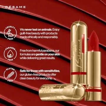 BESAME Red Velvet Lipstick 1946 Vintage Shade, Universally Flattering, Popular Everyday, Warm Brick Red, Long-Lasting Lip Color, With Moisturizing Vitamin E, Satin Finish, Blot for Lip Stain