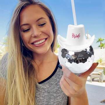 Disco Ball Cup - Bride Cup with Straws, 20 Oz Silver Disco Ball Tumbler for Cowgirl Last Bachelorett...