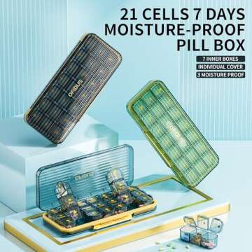 OFIDUS 21 Cells 3 Times a Day Pill Organizer - Large Capacity Waterproof and Moistureproof Daily Pill Case Removable Separate Cell 21 Days Pill Organizer Suitable for Travel and Everyday(Green)