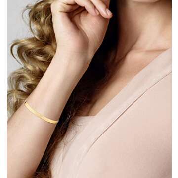 Miabella 18K Gold Over 925 Sterling Silver Italian Solid 4.5mm Flexible Flat Herringbone Link Chain Bracelet for Women Men, Made in Italy (Length 8 Inches)