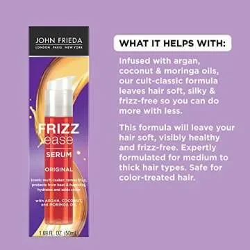 John Frieda Frizz Ease Original Hair Serum, Protecting Against Frizz, Heat, and Humidity While Adding Shine, Smooths Strands and Hydrates Parched Hair with Argan, Coconut, and Moringa Oil, 1.69 Oz
