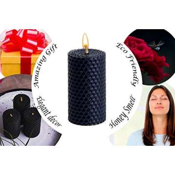 Black Beeswax Candle Gift Set. 3 Colored Beeswax Pillar Candles With Natural Honey Scent and Hand Made Honeycomb Charm for Gift and Home Decor (Black Candles, 3 pcs, Size 3.3 x 1.8 in) Made in Ukraine