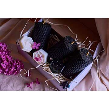 Black Beeswax Candle Gift Set. 3 Colored Beeswax Pillar Candles With Natural Honey Scent and Hand Made Honeycomb Charm for Gift and Home Decor (Black Candles, 3 pcs, Size 3.3 x 1.8 in) Made in Ukraine