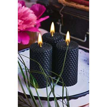 Black Beeswax Candle Gift Set. 3 Colored Beeswax Pillar Candles With Natural Honey Scent and Hand Made Honeycomb Charm for Gift and Home Decor (Black Candles, 3 pcs, Size 3.3 x 1.8 in) Made in Ukraine