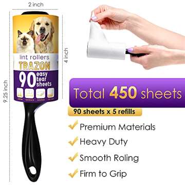 Lint Rollers Pet Hair Value Pack of 450 Sheets / 5 Refills, Sticky Roller Pet Hair, Lint Remover Dog...