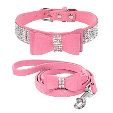 Beirui Rhinestone Bling Leather Dog Collar and Leash Set - Soft Flocking Sparkly Crystal Diamonds St...