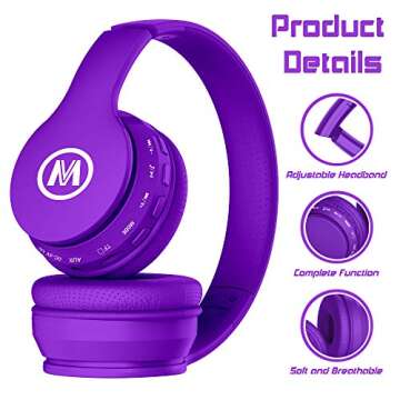 Mokata Kids Headphones Bluetooth 5.3 60H Play Time Wireless Kids Volume Limited 85 /110dB Over Ear Foldable Protection Headset with Mic AUX 3.5mm for Boys Girls Child School Pad Tablet Purple