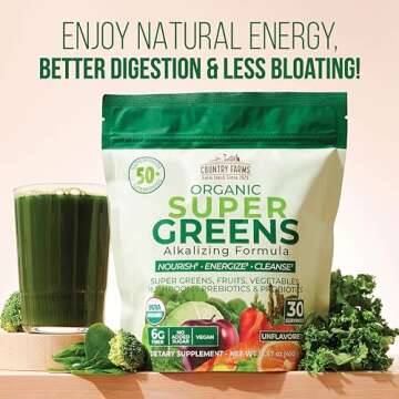 COUNTRY FARMS Super Greens Natural Flavor, 50 Organic Super Foods, USDA Organic Drink Mix (Wheat Grass, Spirulina, Chlorella) Mushrooms & Probiotics, Fiber, Gut Health, Natural Energy, 30 Servings