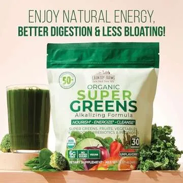 COUNTRY FARMS Super Greens Natural Flavor, 50 Organic Super Foods, USDA Organic Drink Mix (Wheat Grass, Spirulina, Chlorella) Mushrooms & Probiotics, Fiber, Gut Health, Natural Energy, 30 Servings