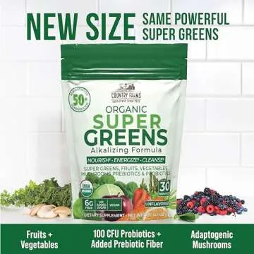 COUNTRY FARMS Super Greens Natural Flavor, 50 Organic Super Foods, USDA Organic Drink Mix (Wheat Grass, Spirulina, Chlorella) Mushrooms & Probiotics, Fiber, Gut Health, Natural Energy, 30 Servings