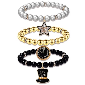 PHALIN Happy New Year Bracelets for Women CCB Pearl Beaded Stretch Bracelets Sparkling Top Hat Clock...