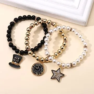 PHALIN Happy New Year Bracelets for Women CCB Pearl Beaded Stretch Bracelets Sparkling Top Hat Clock Star Charms Bracelet New Year's Eve Party Favors Holiday Gifts (3PCS)