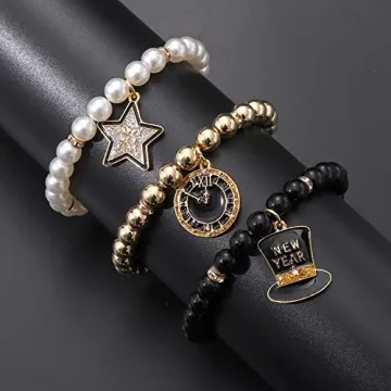 PHALIN Happy New Year Bracelets for Women CCB Pearl Beaded Stretch Bracelets Sparkling Top Hat Clock Star Charms Bracelet New Year's Eve Party Favors Holiday Gifts (3PCS)