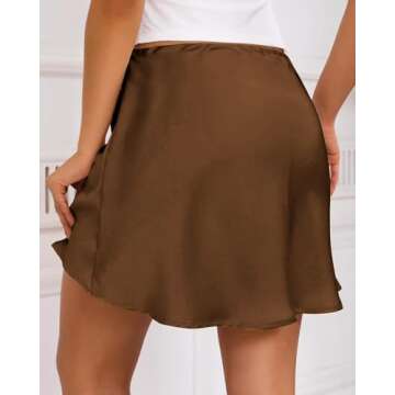 Women's Drawstring Satin Mini Skirt High Waisted Elegant Casual A-Line Flared Silk Short Skirts for Women Brown