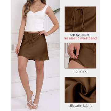 Women's Drawstring Satin Mini Skirt High Waisted Elegant Casual A-Line Flared Silk Short Skirts for Women Brown