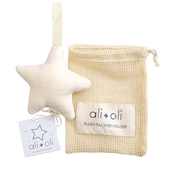 Ali+Oli Plush Muslin Cotton Pacifier Holder (Star-Ivory) - Soft and Adorable Binky Holder for Babies
