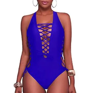 Holipick Women Royal Blue Sexy One Piece Swimsuit One Shoulder Bathing Suit Lace Up Monokini Swimwear XXL