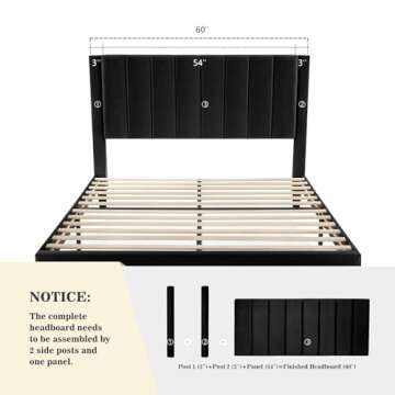 Allewie Queen Platform Bed Frame/Velvet Upholstered Bed Frame with Vertical Channel Tufted Headboard/Strong Wooden Slats/Mattress Foundation/Box Spring Optional/Easy Assembly/Black