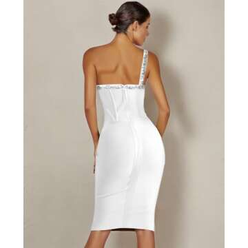 Maketina Women's Rhinestone One Shoulder Bandage Dress Midi Bodycon Dress Cocktail Party White M