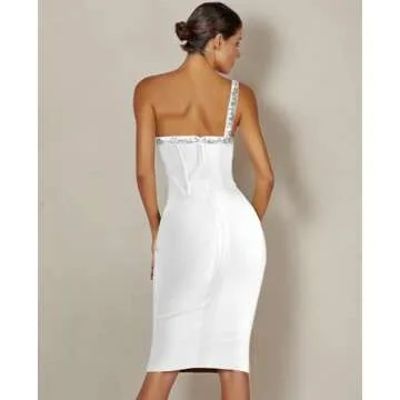 Maketina Women's Rhinestone One Shoulder Bandage Dress Midi Bodycon Dress Cocktail Party White M