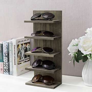 MyGift 5 Tier Vintage Gray Solid Wood Sunglasses Holder Rack, Wall Mounted Eye Glasses Shelf or Tabl...