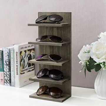 MyGift 5 Tier Vintage Gray Solid Wood Sunglasses Holder Rack, Wall Mounted Eye Glasses Shelf or Tabl...