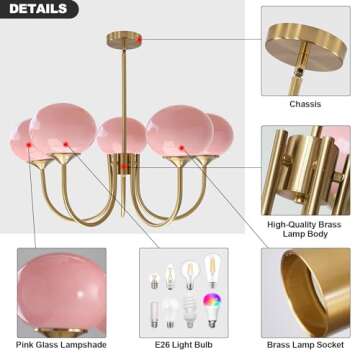 Flyrose 5-Light Pink Glass Ceiling Light Brass Gold Globe Pendant Light Modern Pink Bubble Chandelier Girls Bedroom Chandelier Light Fixture