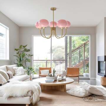 Flyrose 5-Light Pink Glass Ceiling Light Brass Gold Globe Pendant Light Modern Pink Bubble Chandelier Girls Bedroom Chandelier Light Fixture